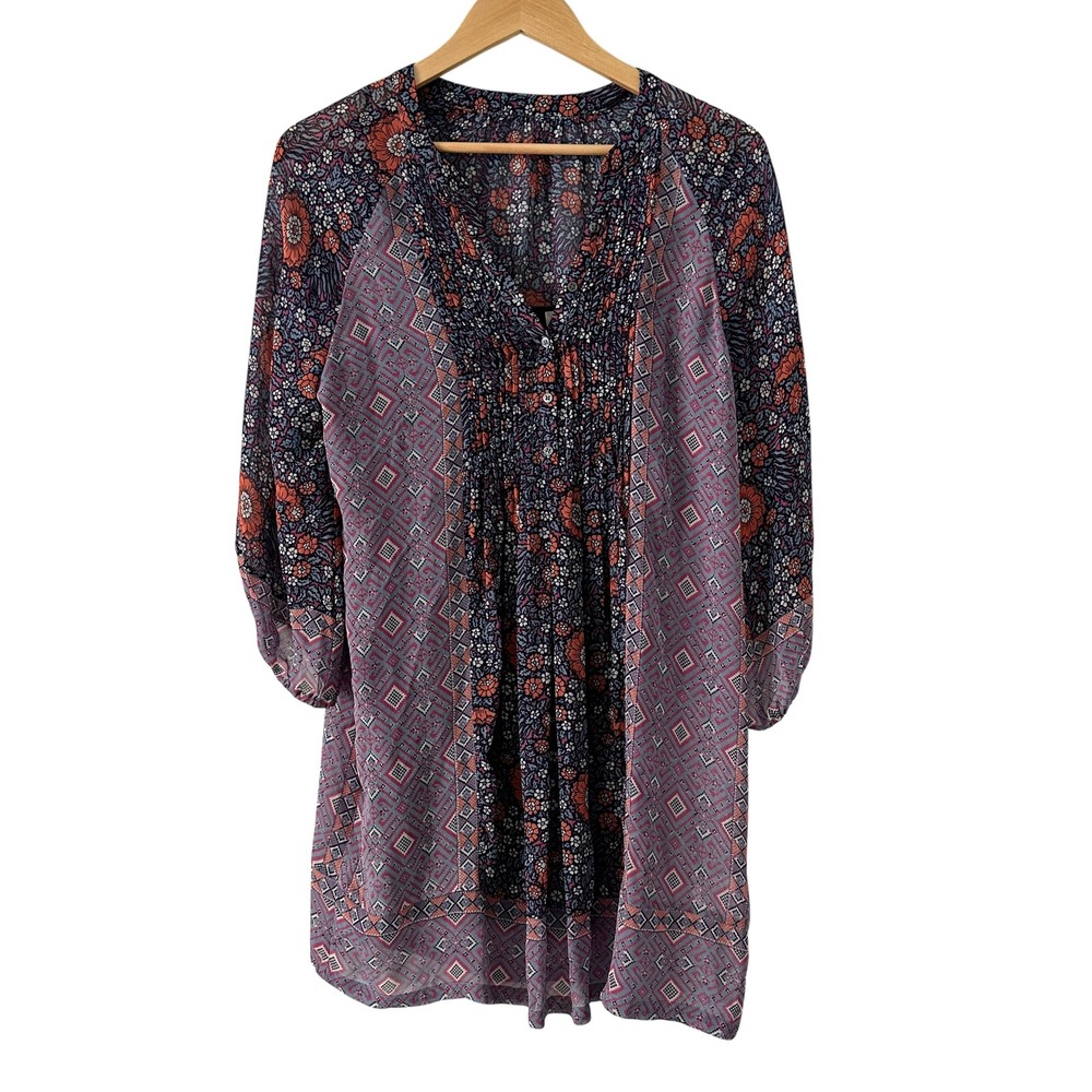 Joie Silk Floral Geometric Tunic‎ Dress Womens Medium Purple Navy Excellent